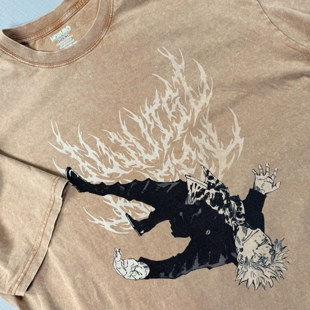Hokuro Shirt Mens XL Tan Acid Wash Japanese Anime Tee Jujutsu Kaisen Gojo Satoru